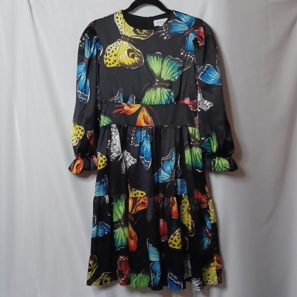 PAISLEY Girls Black Long Sleeve Tiered Dress With Butterfly Print. 16